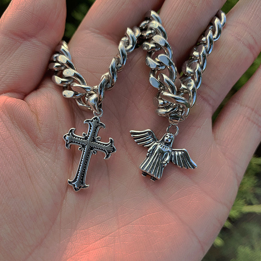 Silver Guarded Angel Cuban Chain