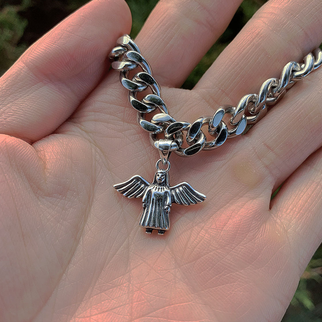 Silver Guarded Angel Cuban Chain