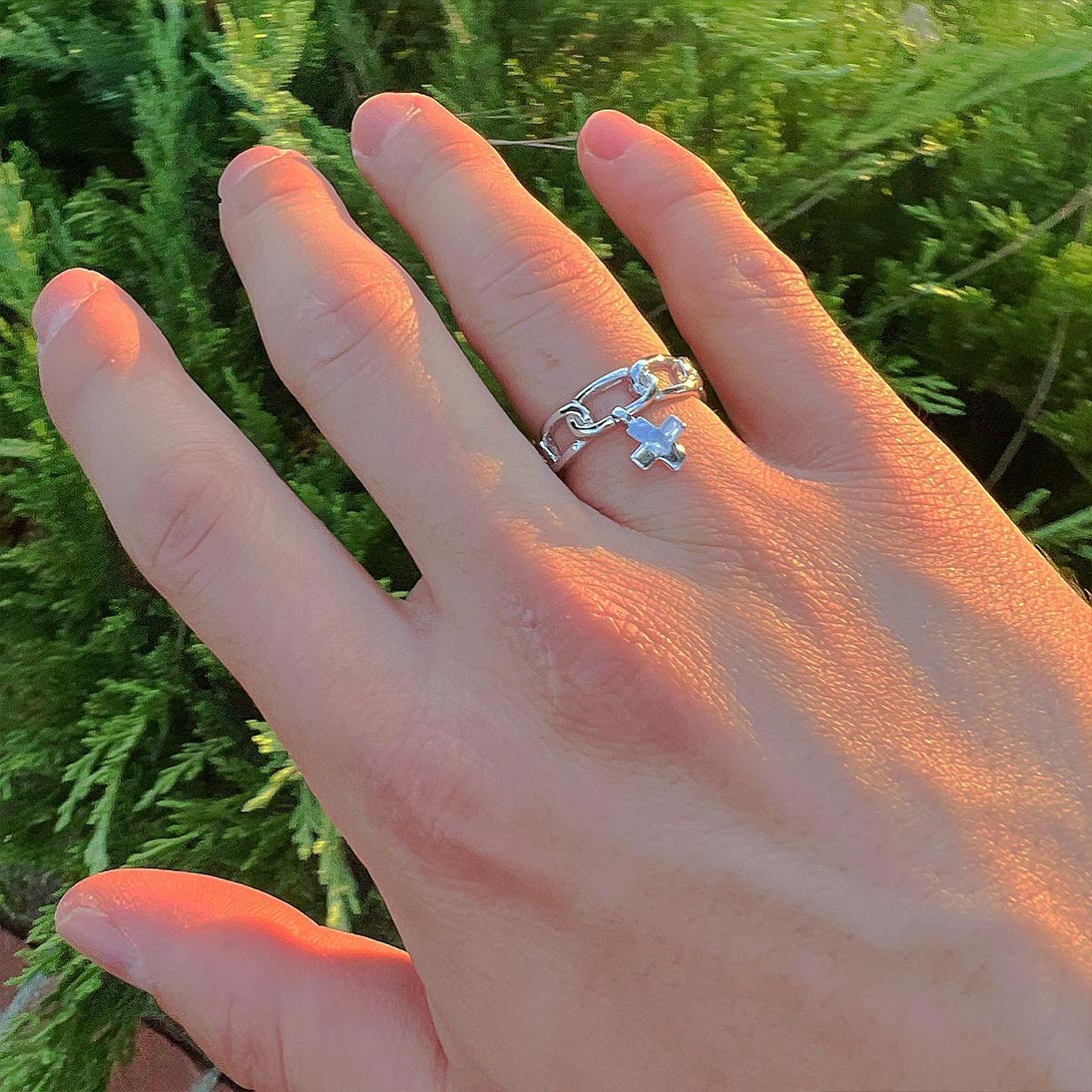 Silver Chained Cross Ring