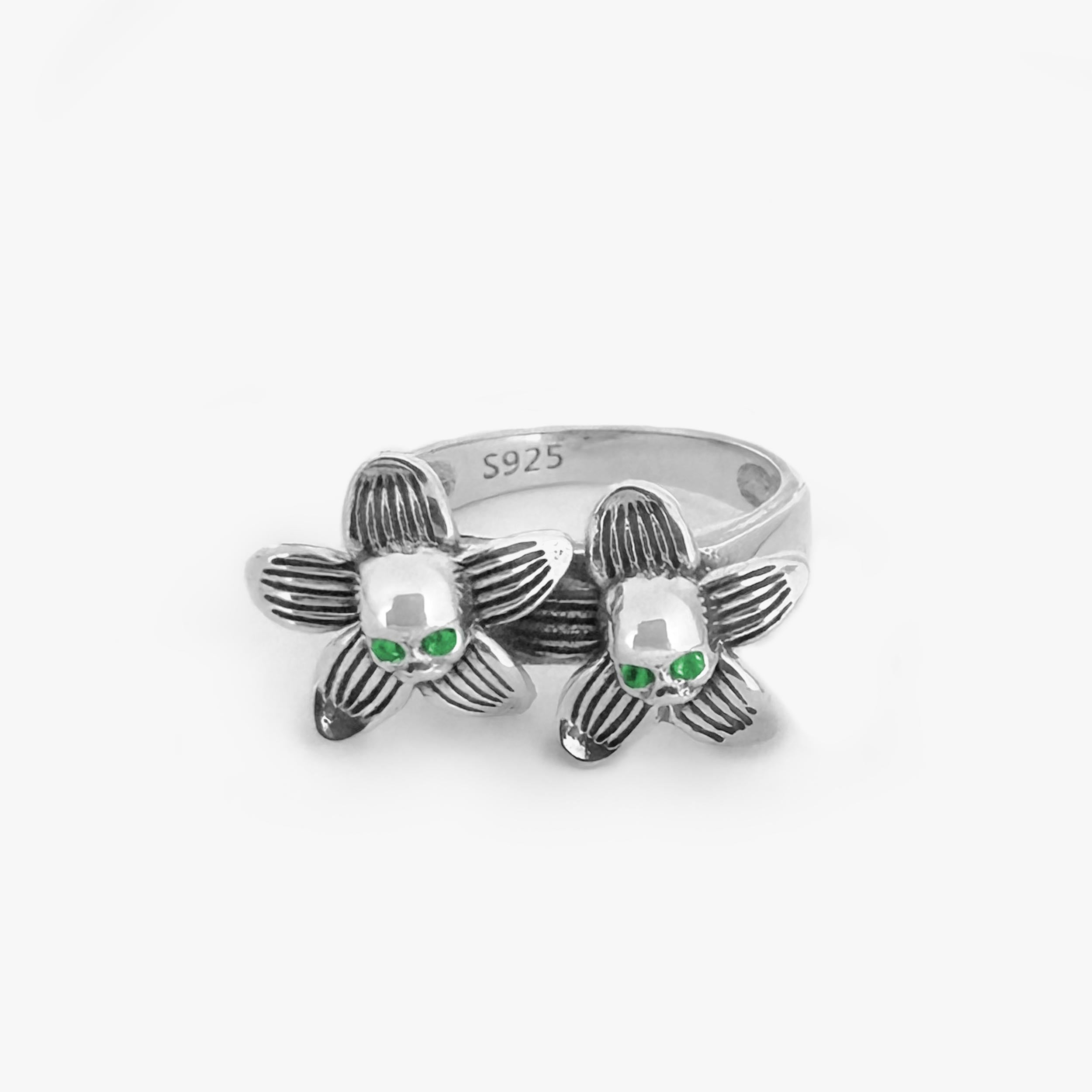 Sliver Twin Skull Blossom Pinky Ring