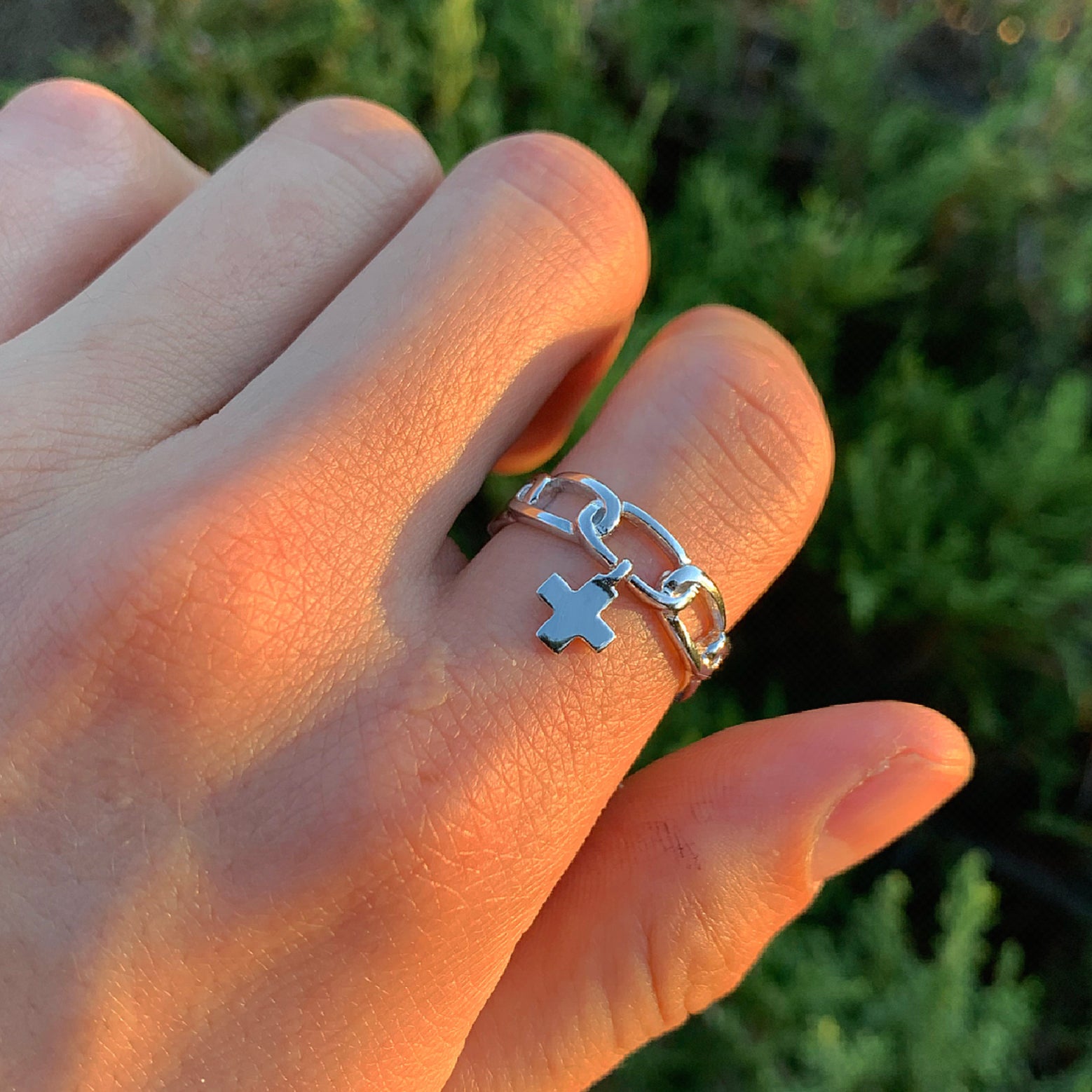 Silver Chained Cross Ring