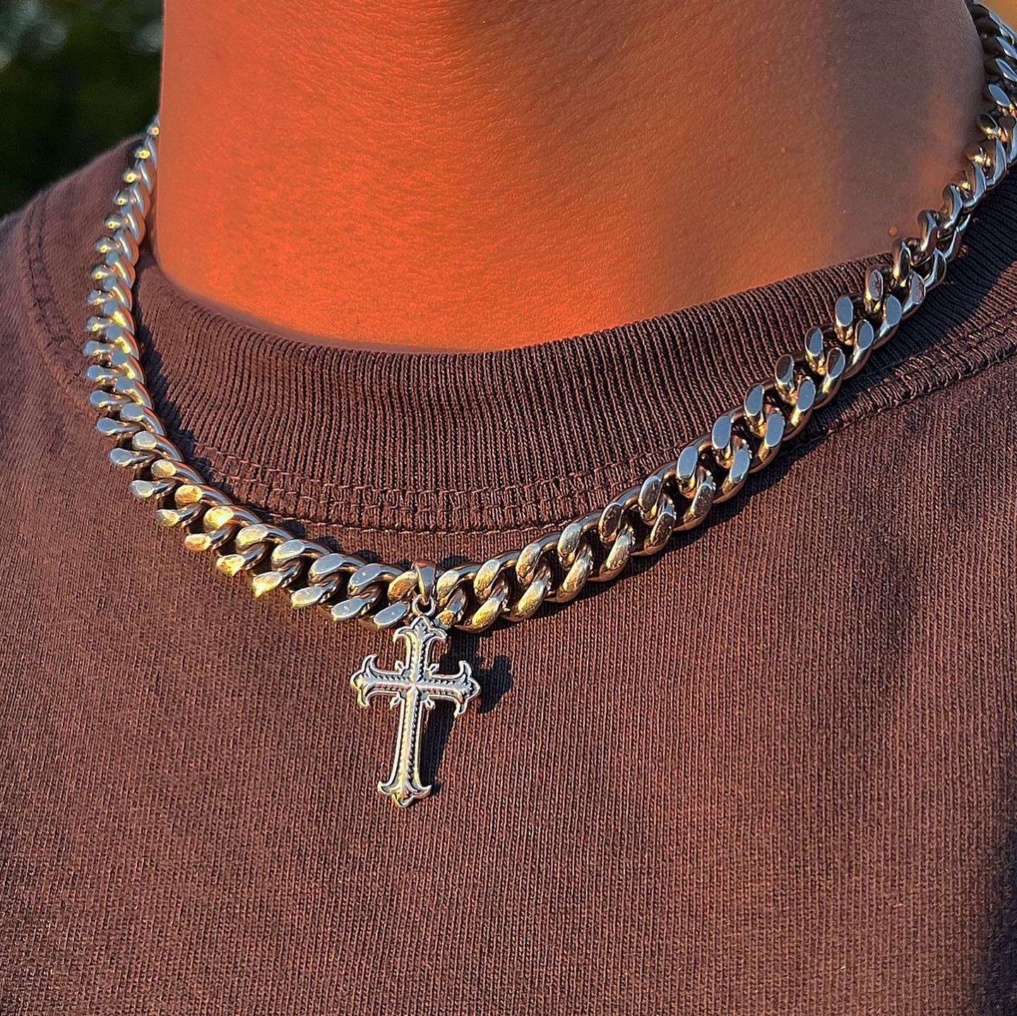 Silver Twisted Cross Cuban Chain