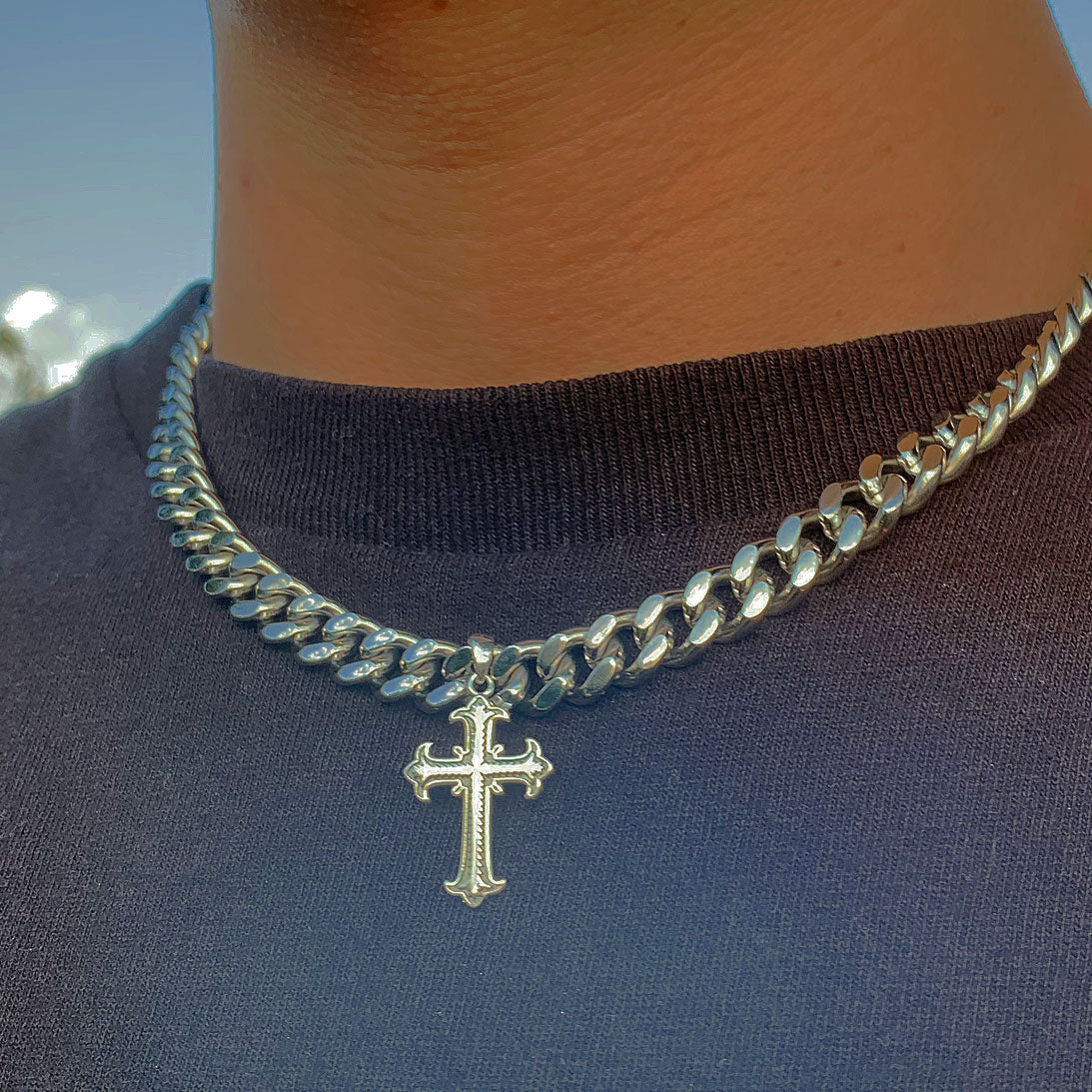 Silver Twisted Cross Cuban Chain