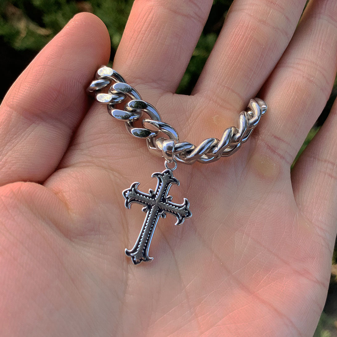 Silver Twisted Cross Cuban Chain