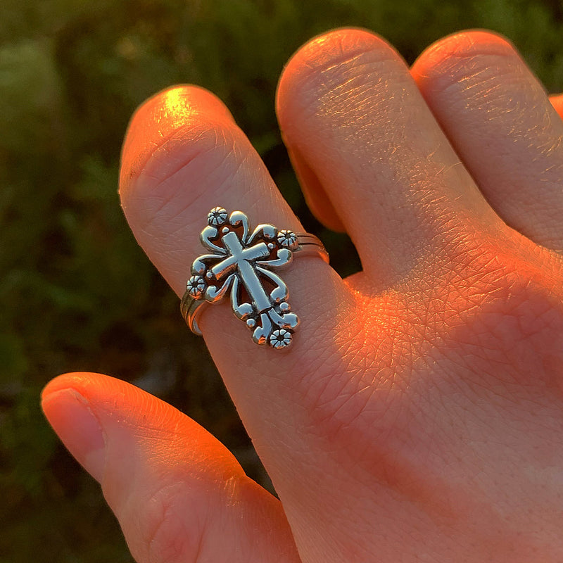 Silver Floral Cross Signet